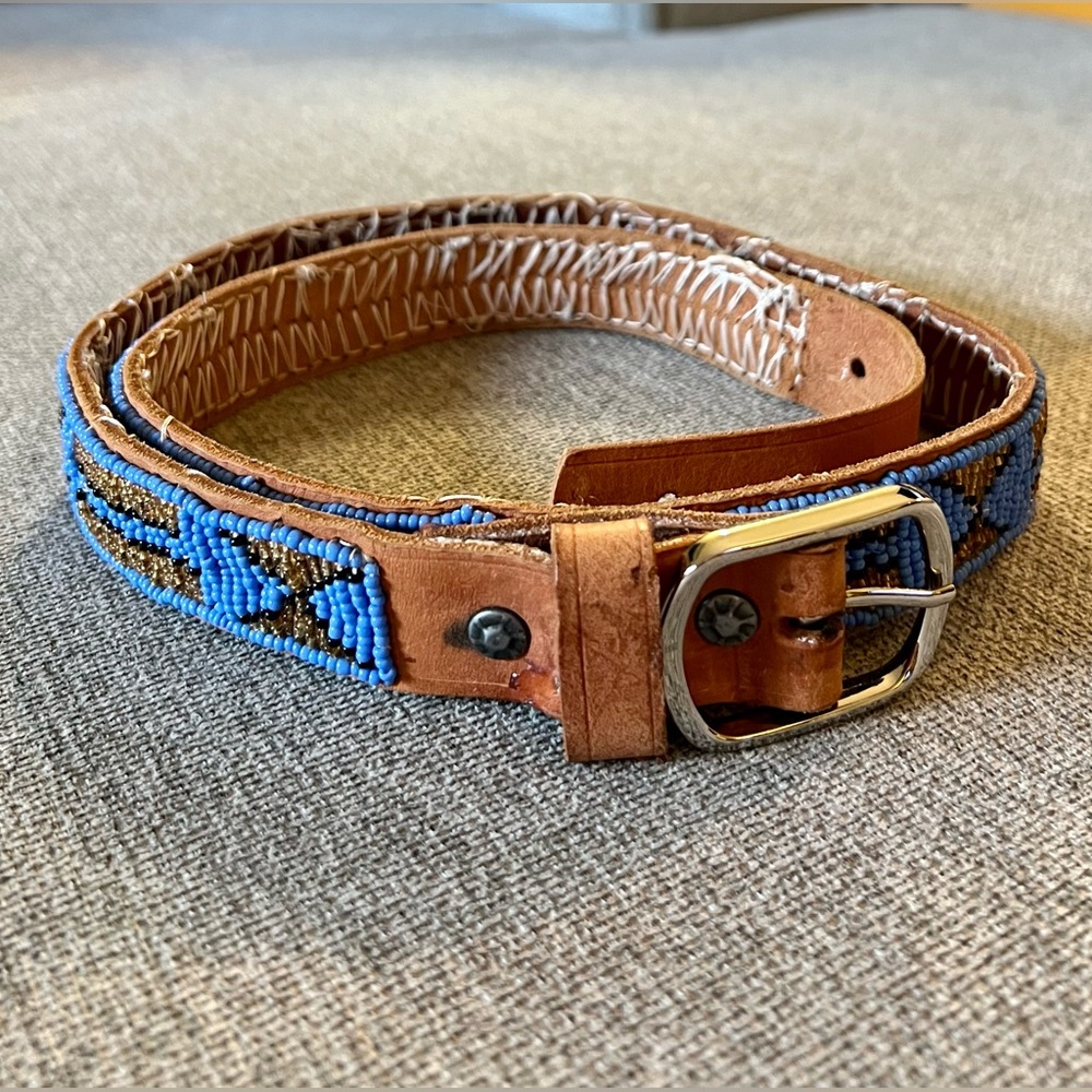 Hand beaded leather belt